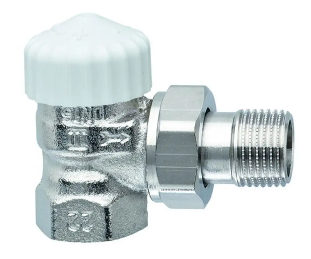 Thermostatventilunterteil mit Eckform, vernickelt, von IMI Hydronic Engineering, mit einem weißen Regelknauf zur Temperaturkontrolle.